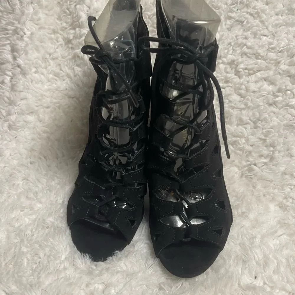 Chinese laundry synthetic black suede lace up cut out ankle heels peep toe SZ10